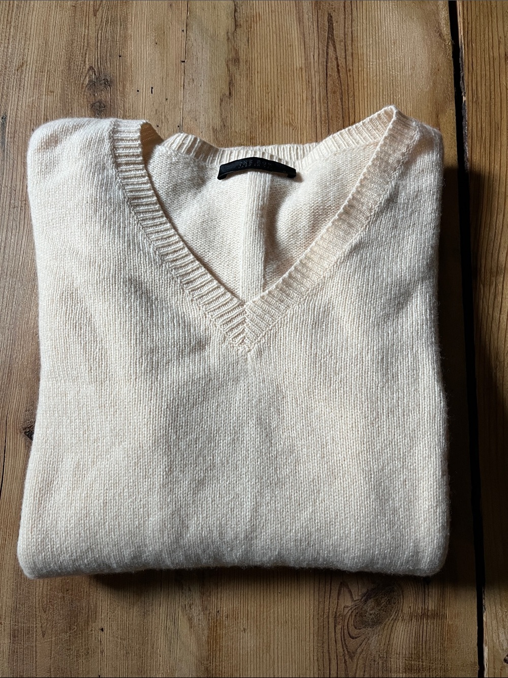 THE ROW M Butter V-Neck Merino Wool & Cashmere Sweater 3/4 Sleeve
